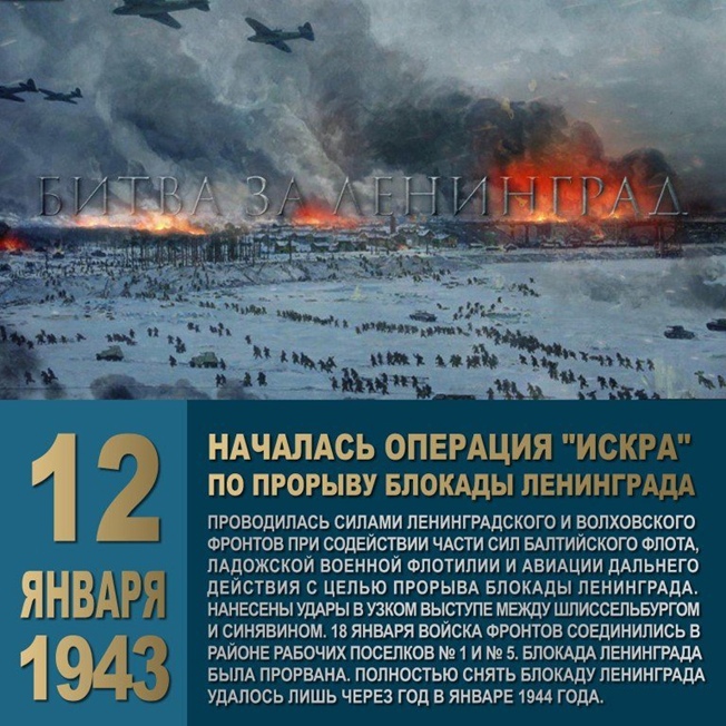 12&nbsp;января 1943 года с&nbsp;целью прорыва блокады Ленинграда началась стратегическая наступательная операция &laquo;Искра&raquo;